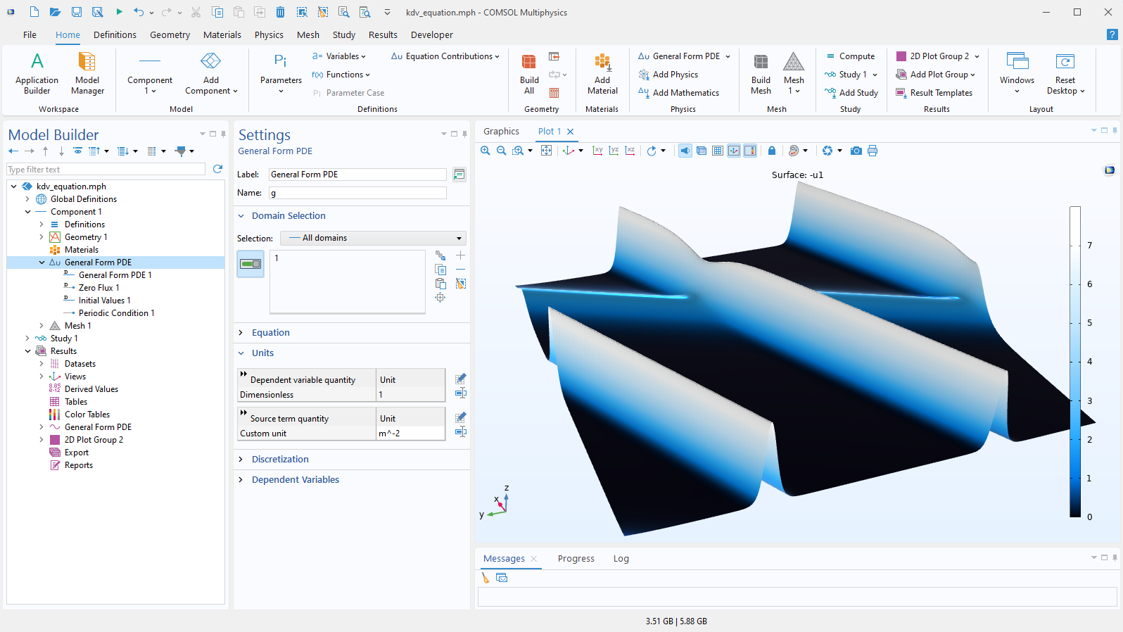 The COMSOL Multiphysics UI showing the Model Builder with the General Form PDE node highlighted, the corresponding Settings window, and the results of a soliton collision in the Graphics window.
